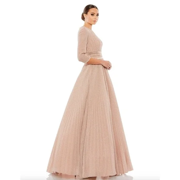 Mac Duggal Shimmering Pleated A Line 3/4 Sleeve Gown In Rose Gold 30700 18  New